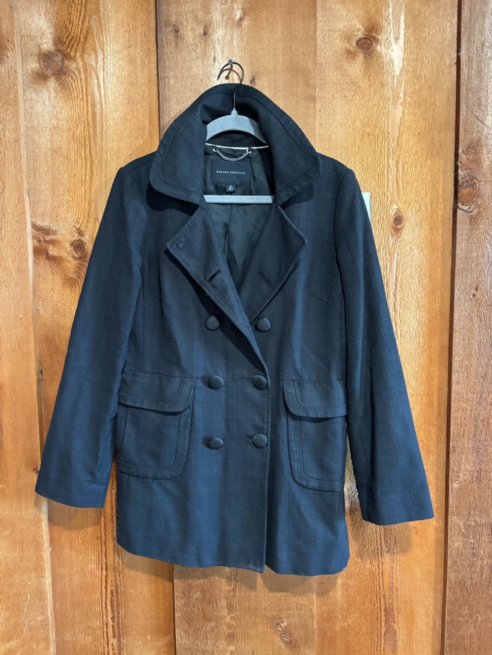 Banana Republic Black Double-Breasted Textured Ramie Cotton Blend Peacoat M